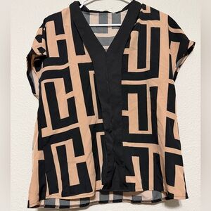 SHEIN Black and Tan Geometric Blouse